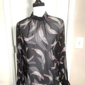 Womens Blouse Top M High Neck Long sleeve Relaxed Black Multicolor Feathers